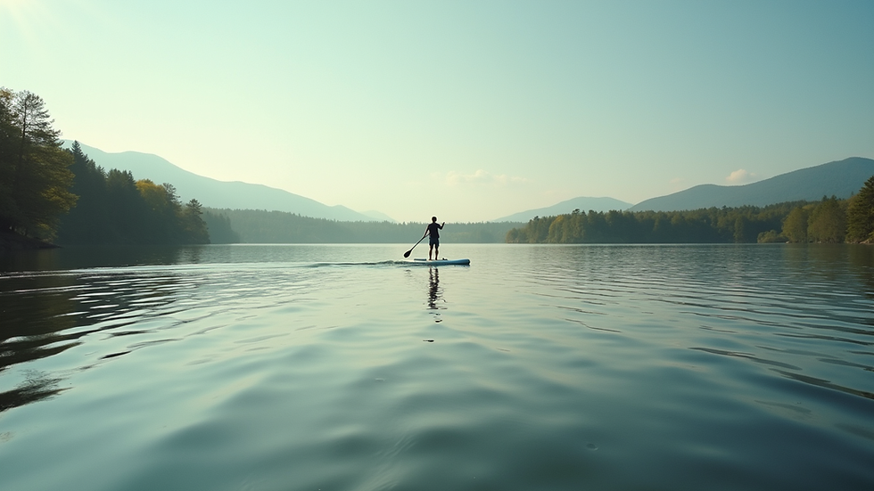 Eye-level view of a tranquil lake with a paddleboarder gliding across the water