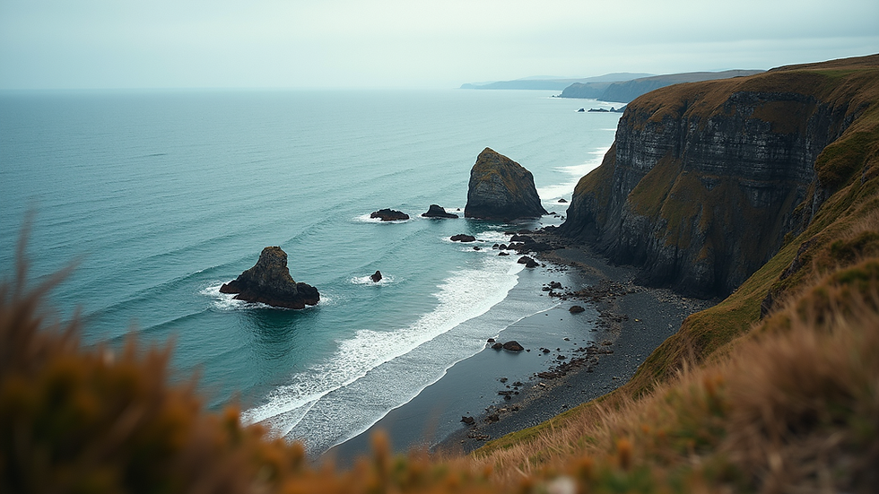 Eye-level view of the Bay of Fundy coastline with rocky cliffs and tidal pools