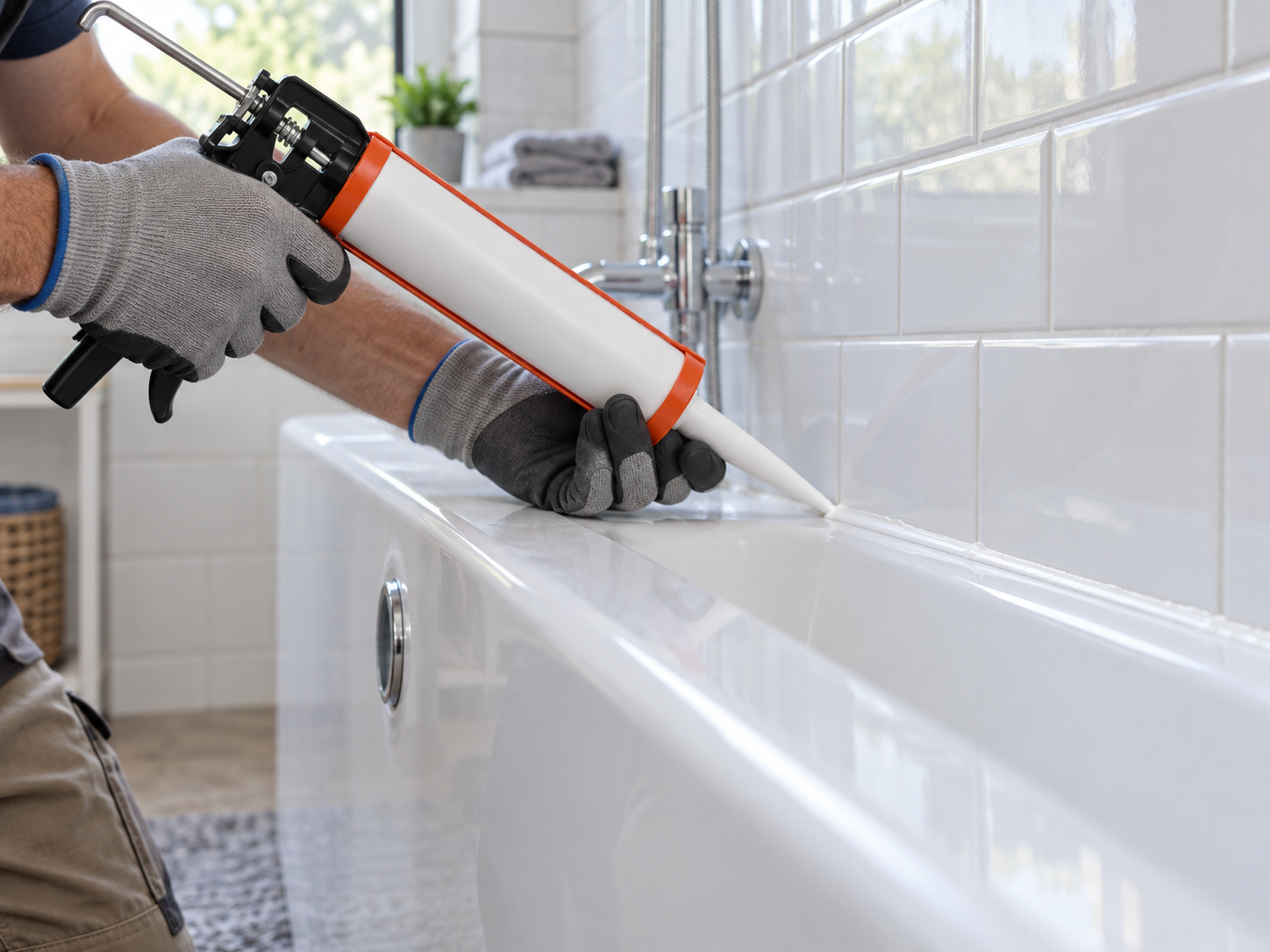 A gloved hand applying fresh silicone caulk along a bathtub seam