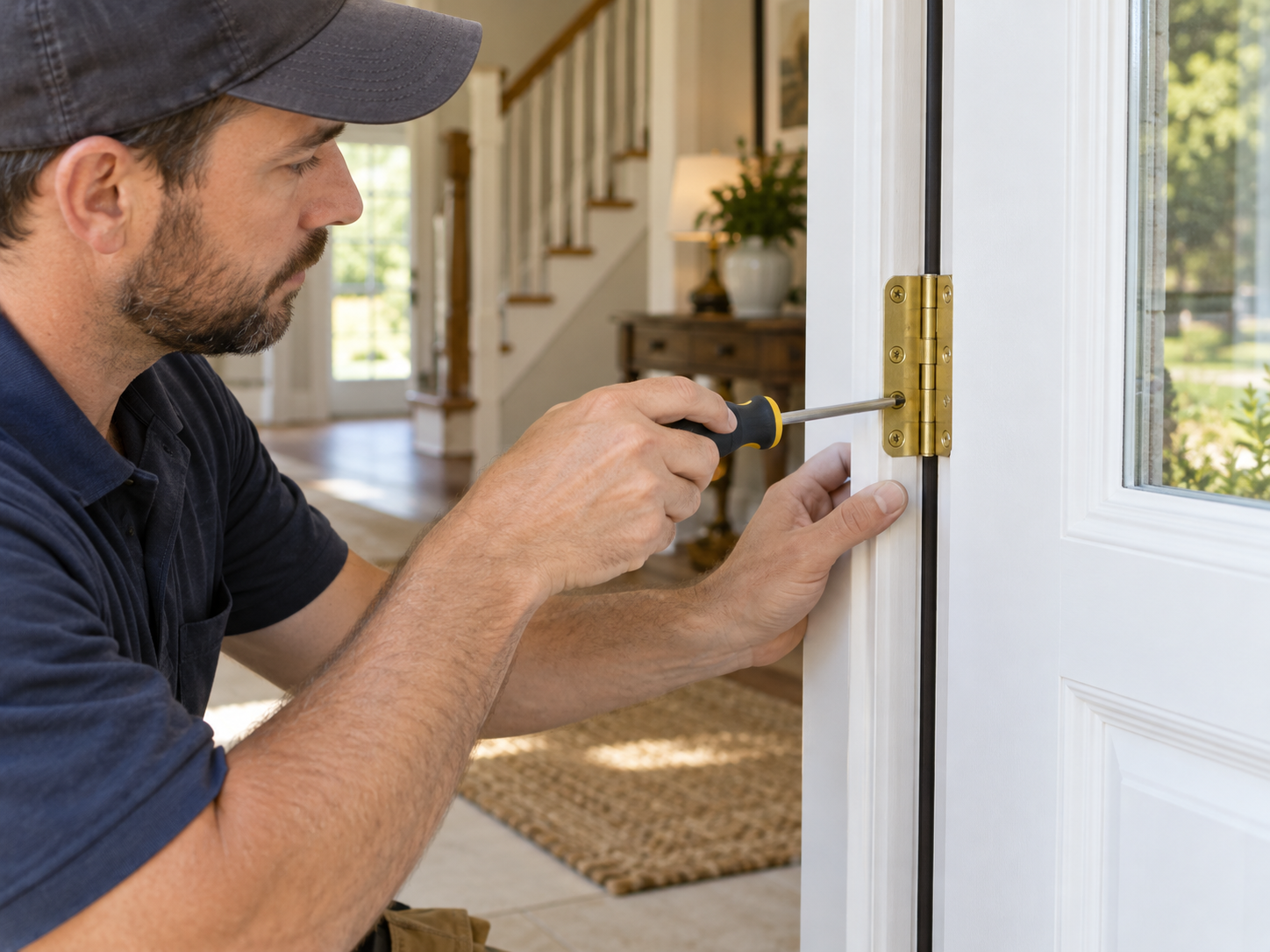 A handyman tightening a brass hinge on a white entry door