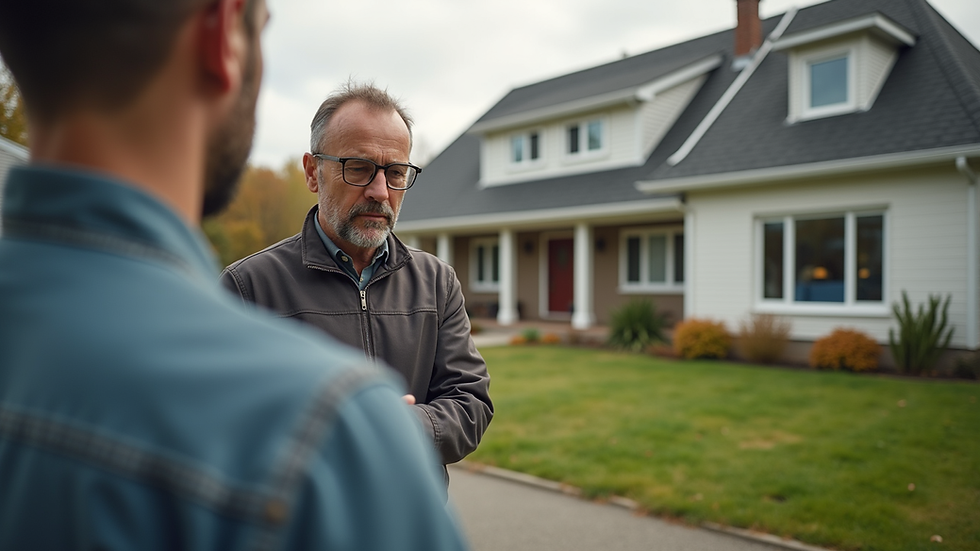Eye-level view of a home inspector examining a house exterior