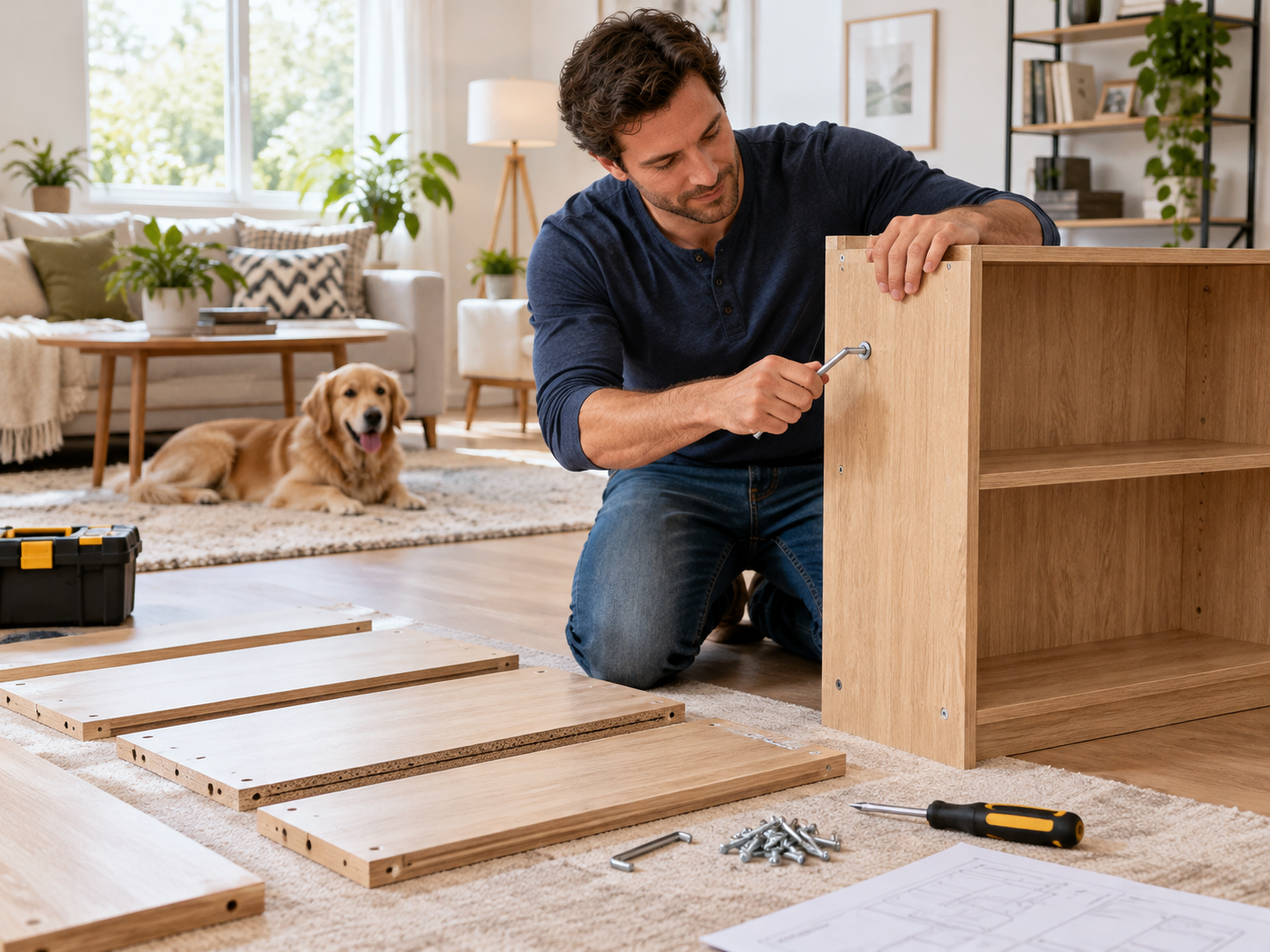A handyman assembling a wooden bookcase in a home