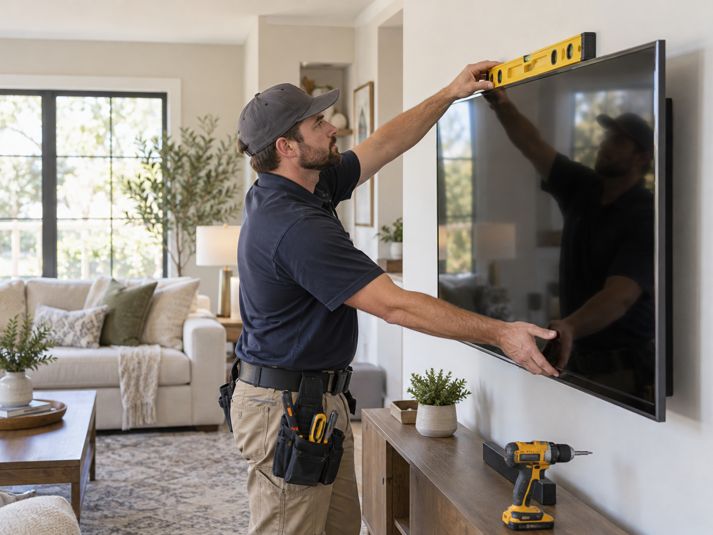 A handyman leveling a newly mounted television in a living room