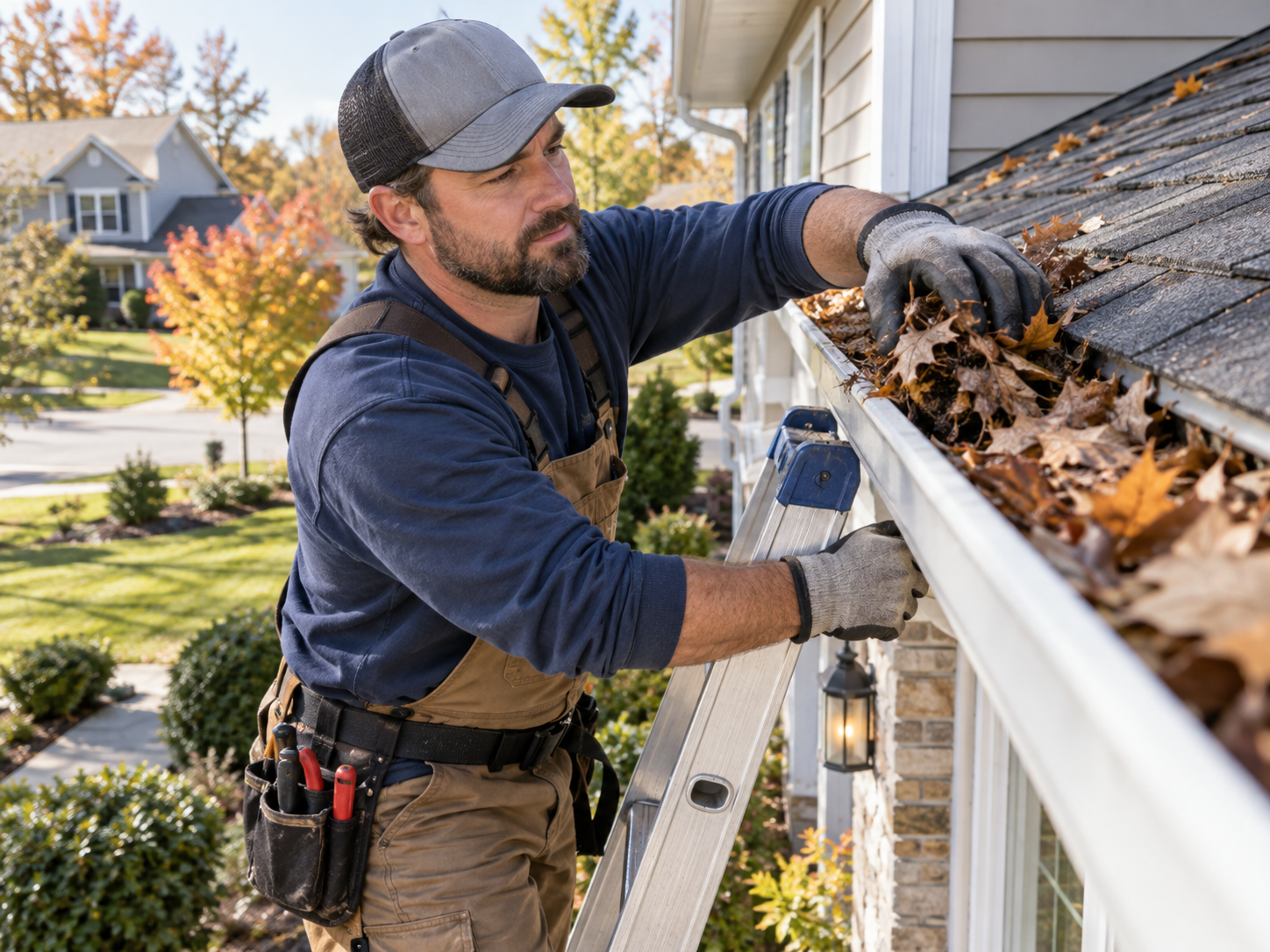 A home maintenance technician clearing leaves from a residential gutter
