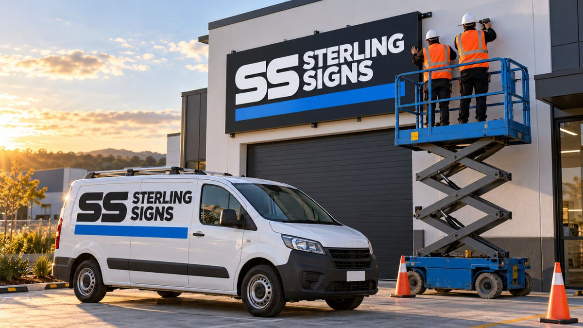 Sterling install crew fitting a building sign