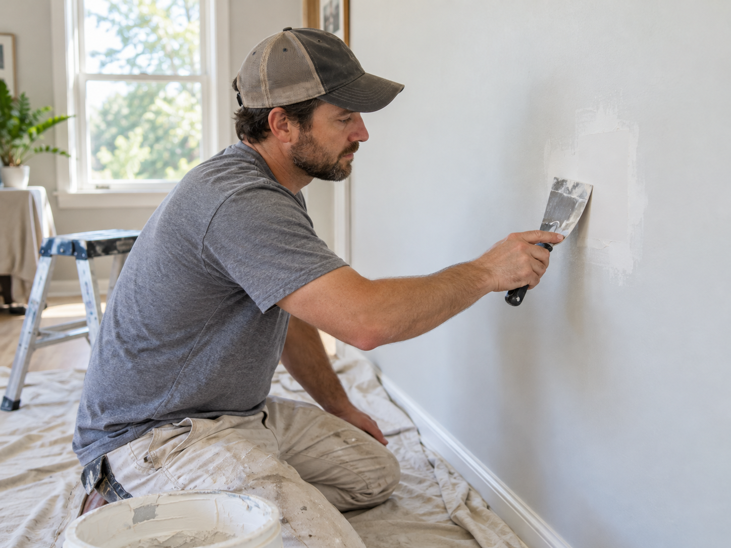 A worker smoothing drywall compound over a small wall repair