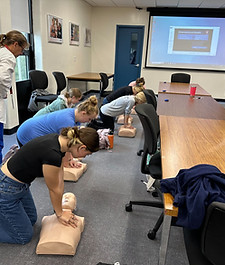 Teacher supervising several students performing CPR on manikins.