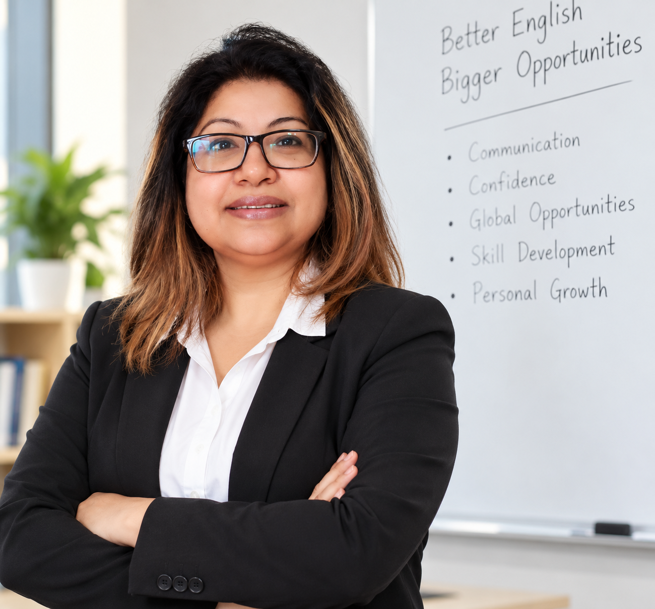 Sagorika Sarmah in a professional black suit and white shirt, arms folded, standing beside a whiteboard