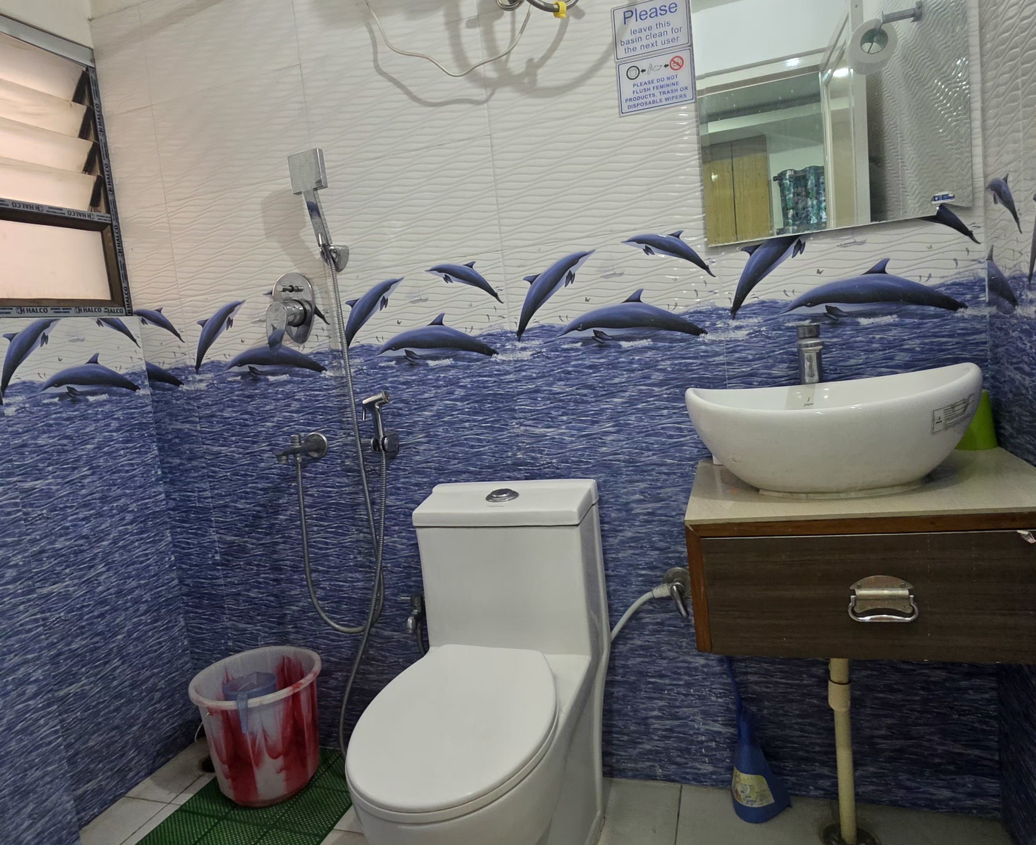 En-suite bathroom with aqua dolphin tile feature