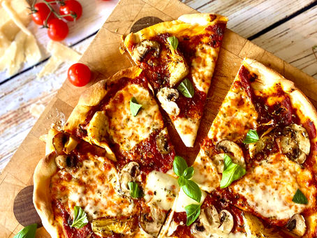 Thin & crispy Artichoke and chestnut mushroom pizza.