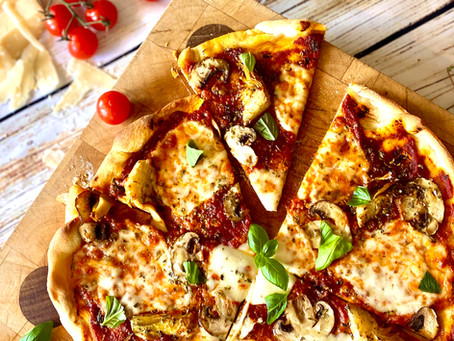 Thin & crispy Artichoke and chestnut mushroom pizza.
