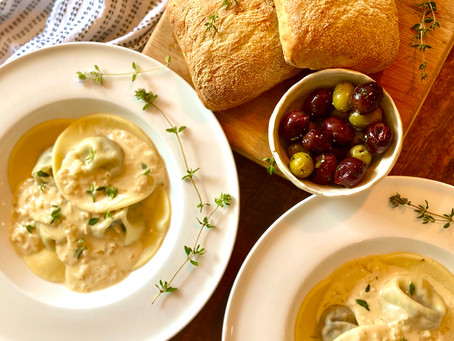 Goats cheese & Mushroom Ravioli with a creamy white wine & thyme sauce.