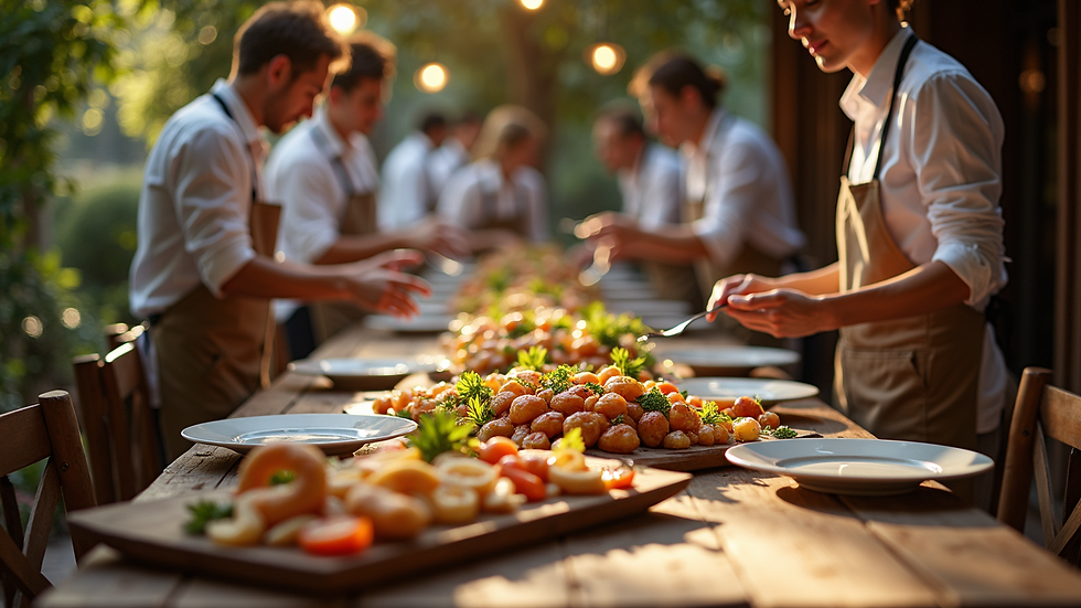 High angle view of a catering event setup with staff preparing tables