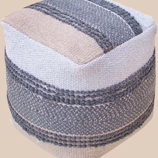 Square floor pouf made of natural ivory cotton with thick grey woven stripes.