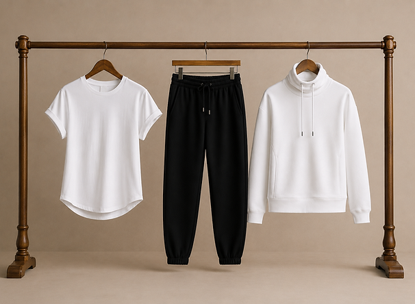 Three premium everyday wardrobe essentials from VIEBASICS featuring a white curved hem T-shirt, black joggers and a white funnel neck sweatshirt hanging together on a luxury clothing rail.