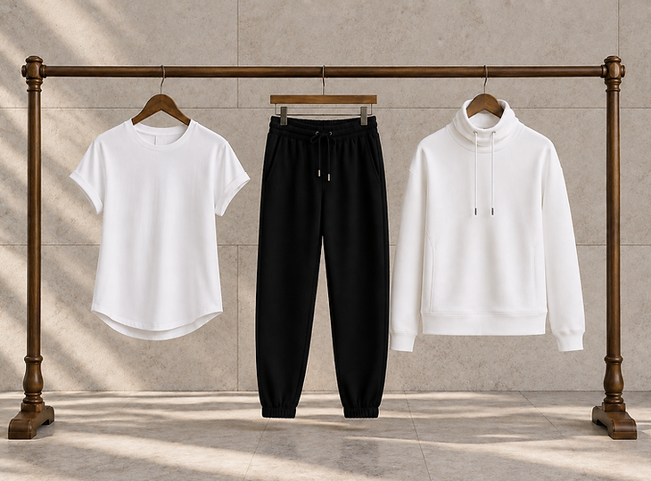VIEBASICS wardrobe essentials displayed on a wooden clothing rail, featuring a white curved-hem T-shirt, black barrel leg joggers and white funnel-neck sweatshirt against a warm neutral background.