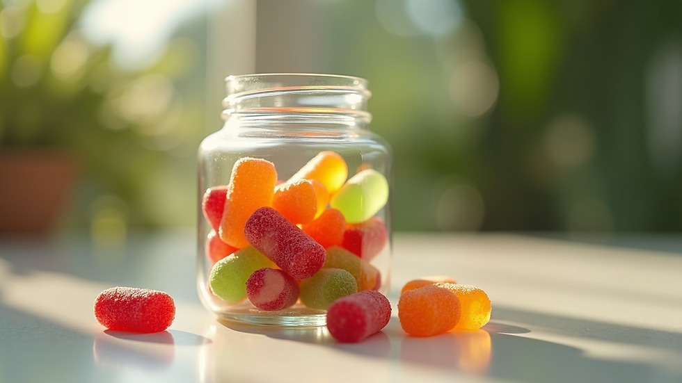 Eye-level view of colourful plant-based vitamin gummies in a glass jar