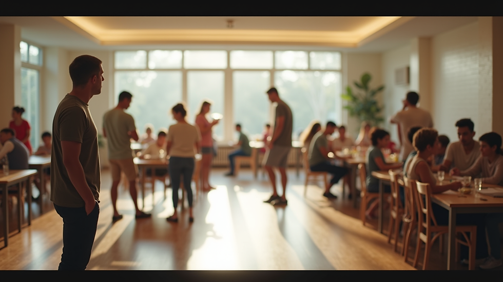 Eye-level view of a community center with people engaging in various activities