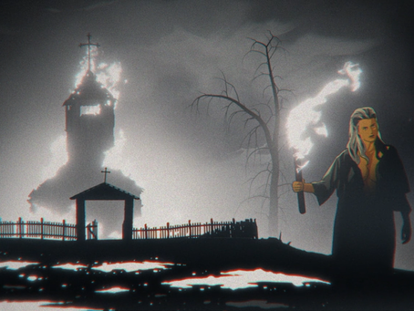A white blonde haired woman holds a flaming torch whilst a church burns in the background