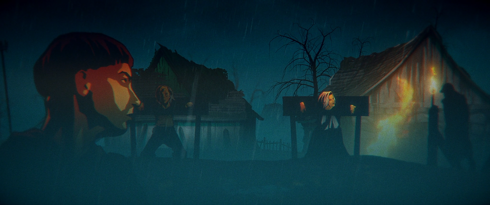 Animation still of a white blonde haired woman trapped in medieval style stocks with a man in stocks beside her whilst a white man with a monk style hair cut looks on