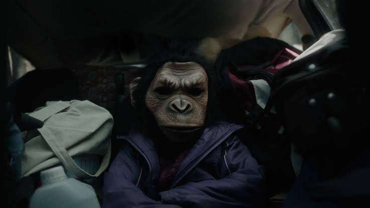A child with a blue coat sits in the back of a car surrounded by belongings and wears a chimp mask.