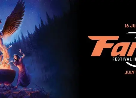 An illustration of three women in the middle of a forest clearing standing around a large cauldron which is alight. From the flames is a rising phoenix. Next to the illustration is text which reads 16 Juillet to 2 Aout 2026, 30 Fantasia Festival International De Films, July 16 to August 2 2026.