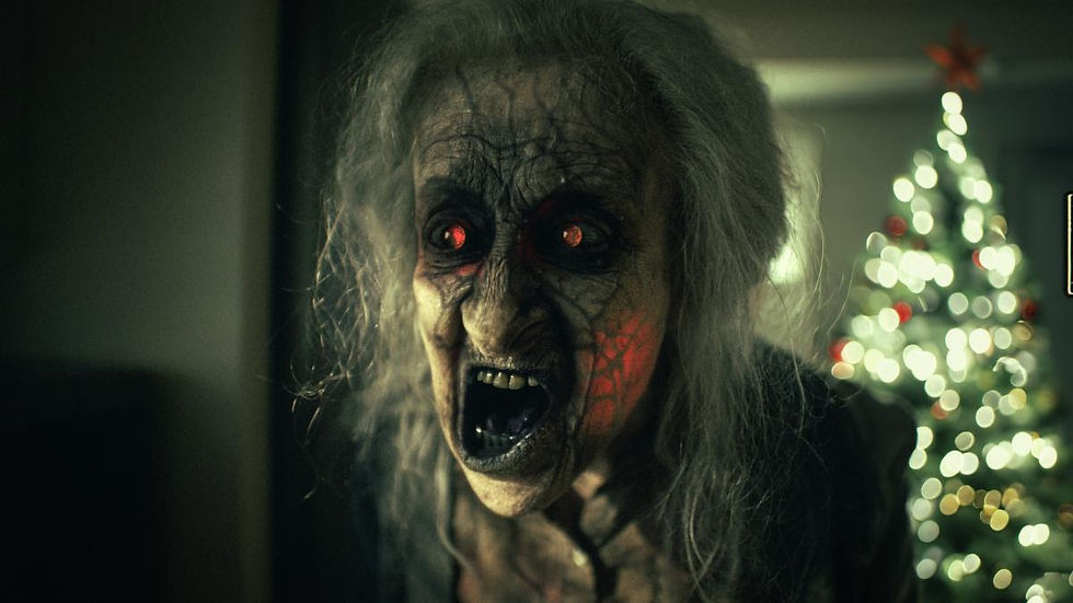 An old woman who has returned from the dead. Her eyes are glowing orange, her skin is grey and veiny and her mouth is open