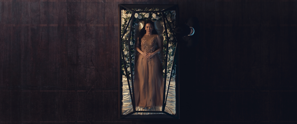 a woman dressed in a brown gown is lying in a glass casket surrounded by white roses