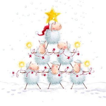 Sheep characters standing on shoulders forming a Christmas tree