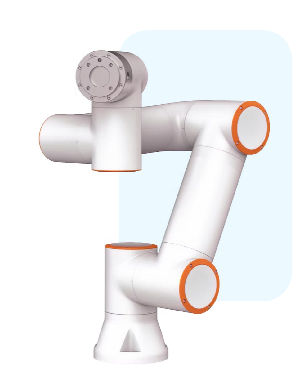 Fairino FR5 is an affordable alternative to other explosion-proof bots, is white with orange accents.