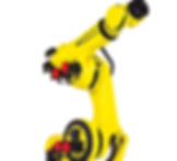 A Fanuc robotic arm poses, displaying the range of motion on its joints.