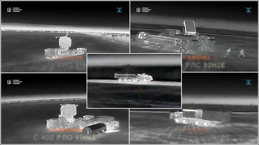 Drones FPV ucranianos atacando componentes del sistema SAM ruso S-400 en la Crimea. Fuente: GUR.