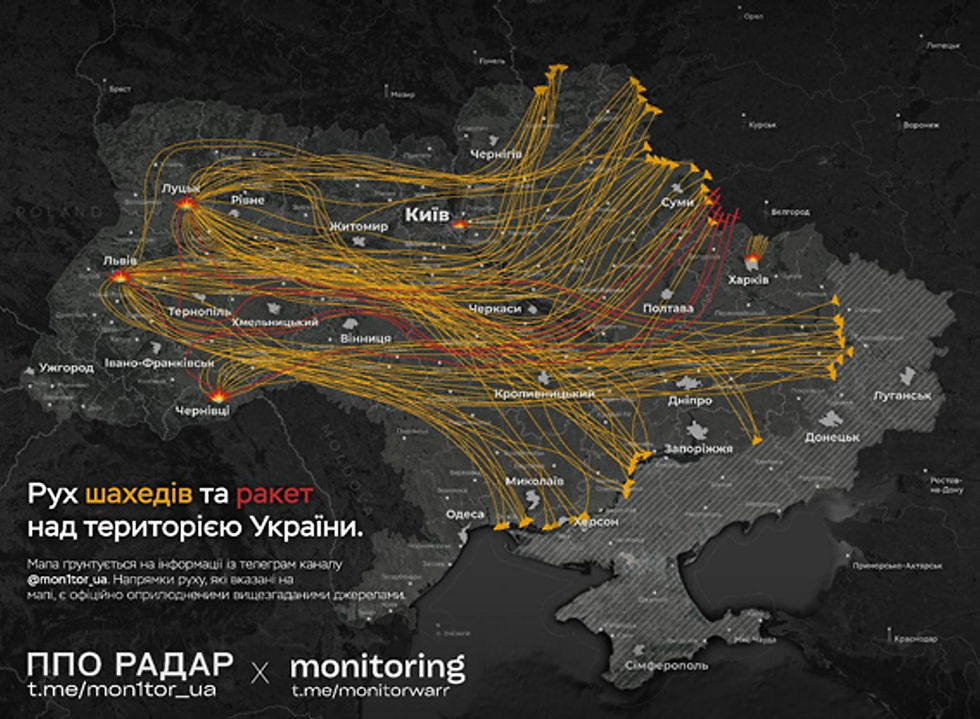Según estimaciones, se utilizaron: de 560 a 700 Shaheds (línea amarilla) y más de 15 misiles de crucero Kh-101 (línea roja). El objetivo principal del ataque es Lviv, Lutsk y Chernovtsy.