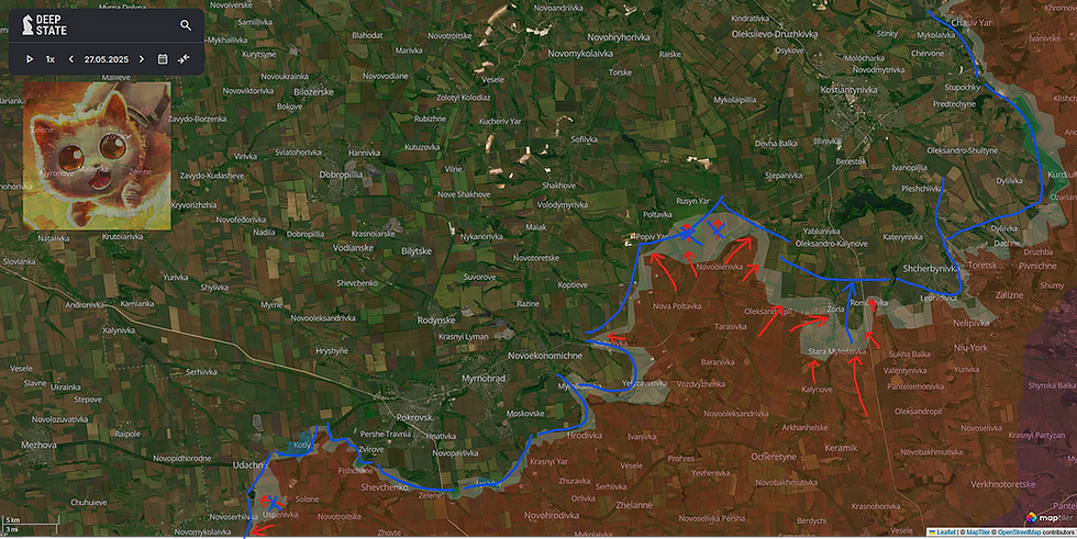 Frentes Pokrovsk-Kostyantynivka, semana 21 de 2025. El ritmo de avance de los rusos sobre el Bychock se ralentiza, mientras que las tropas ucranianas al sur del embalse de Kleban-Byk se alejan del peligro.