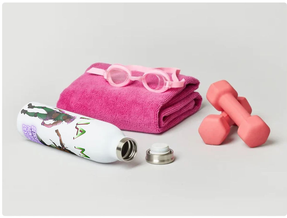 Thumbnail: Pink towel, goggles, water bottle, and dumbbells