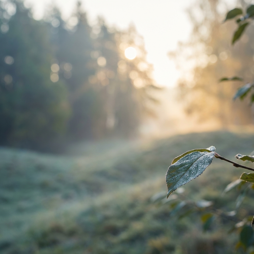 A dew-covered leaf glowing in soft morning sunlight