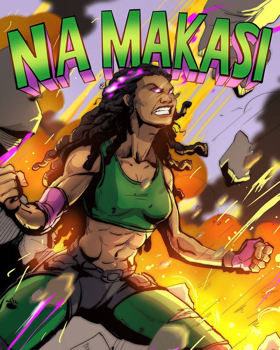NA MAKASI: Muscular woman with dreadlocks, in an action pose.