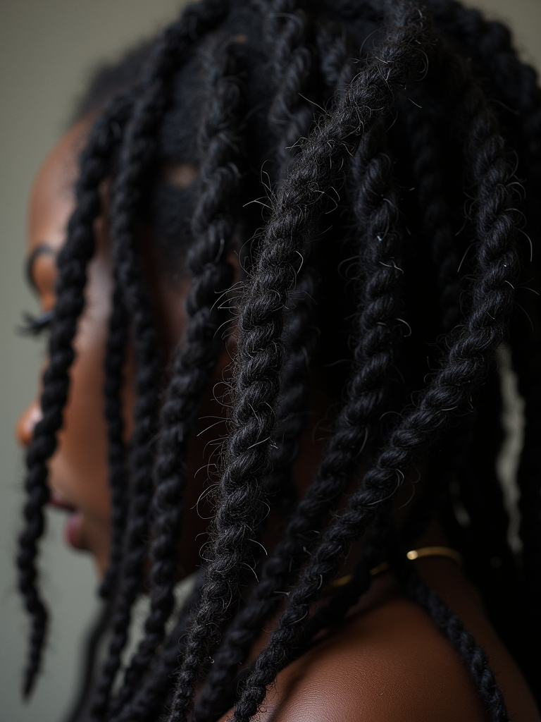 A detailed, close-up shot focusing on the intricate pattern of Sisterlocks, emphasizing te