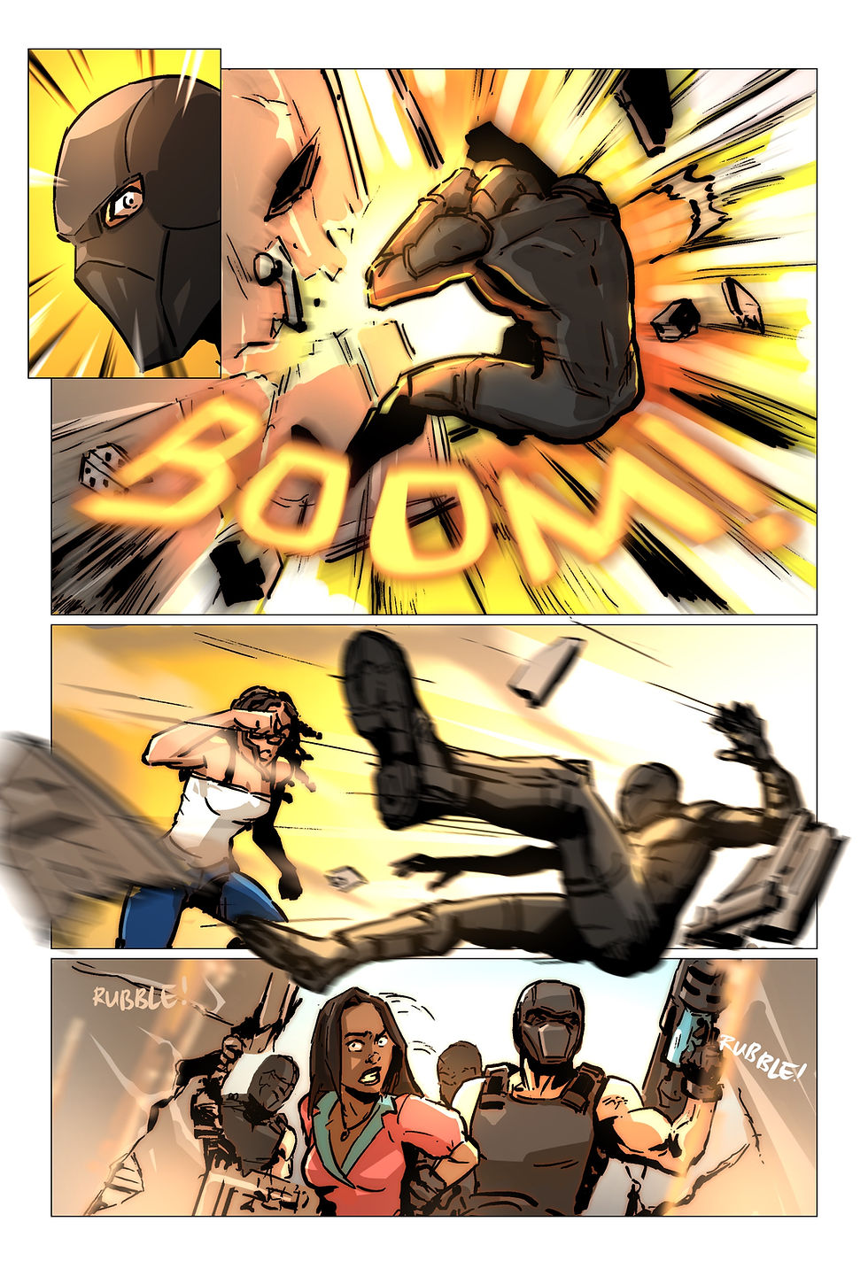 Comic panels: 'BOOM' explosion, a flying kick, and a woman looking fearful.