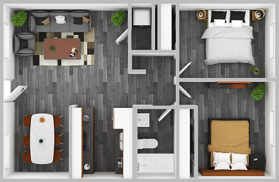 Plano de planta de 2 dormitorios con un espacio de estar de planta abierta.