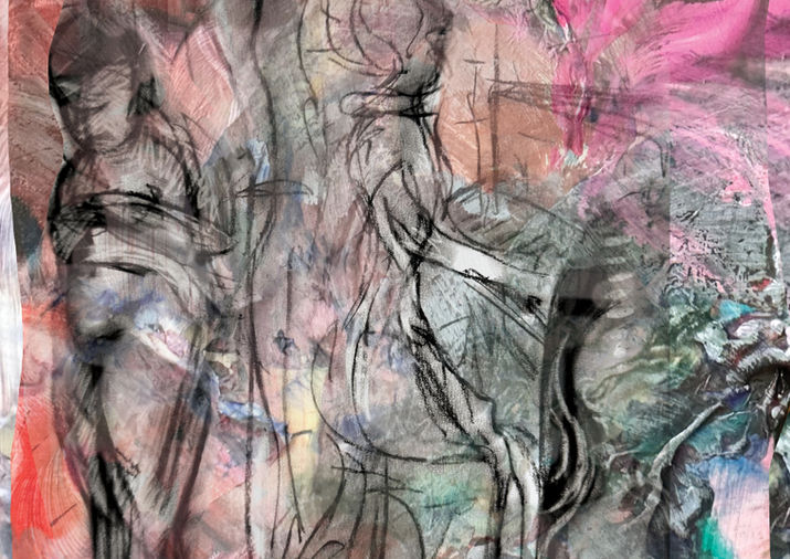a colorful image with paint and mixed media of figures inside an enclosed space