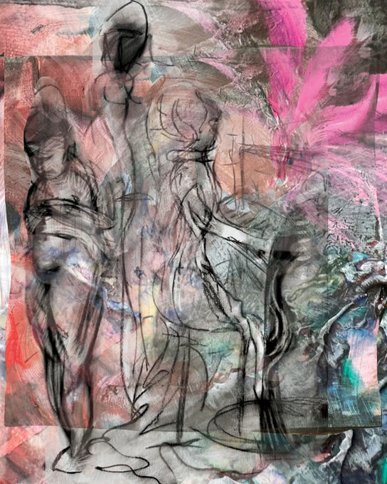 a colorful image with paint and mixed media of figures inside an enclosed space