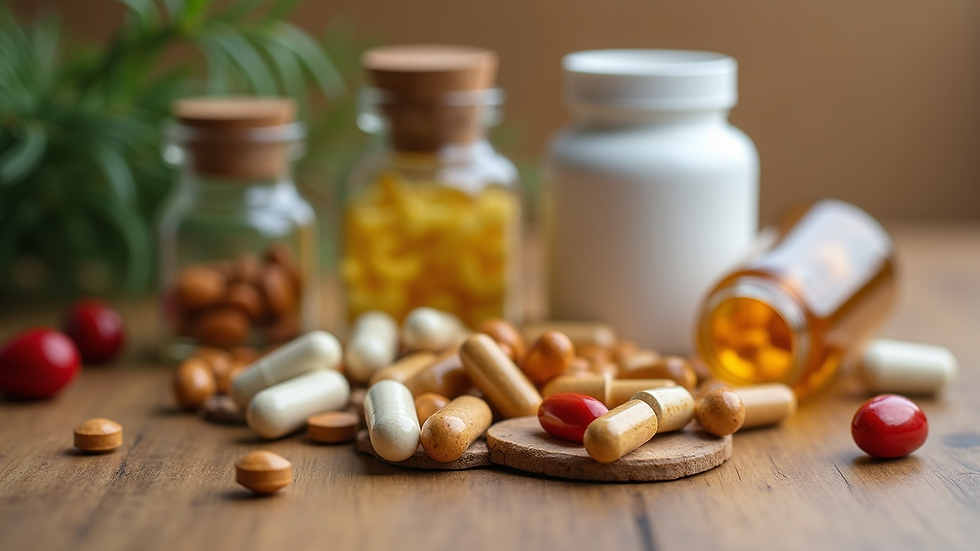 Close-up view of a variety of health supplements on a wooden table