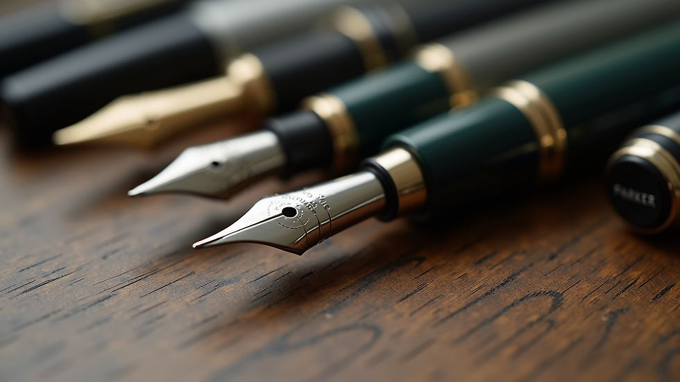 High angle view of Parker pens collection