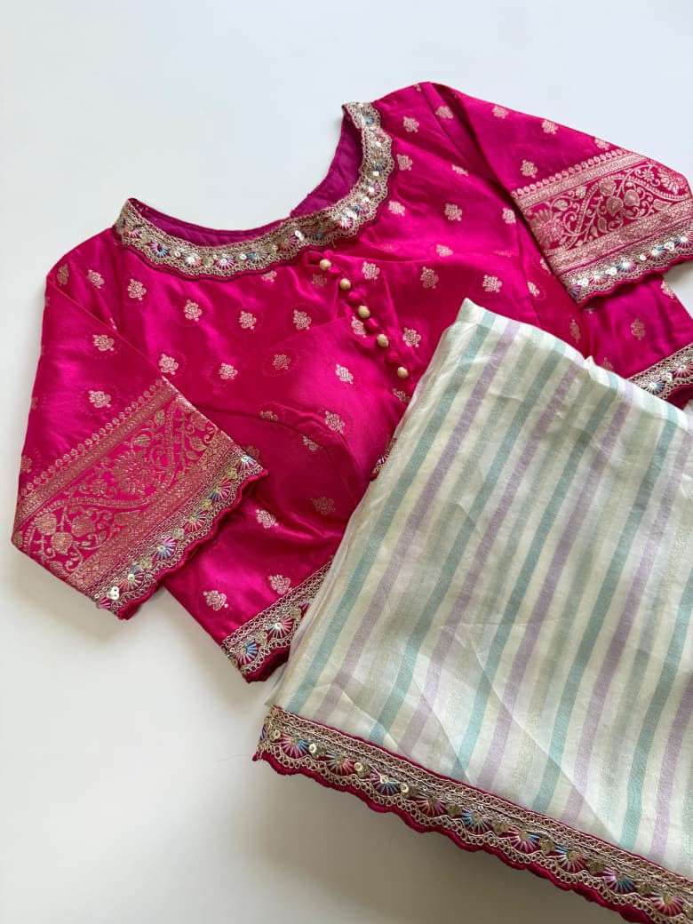 Off-White & Pink Premium Viscose Georgette Ready to Wear Saree with Zari Lines