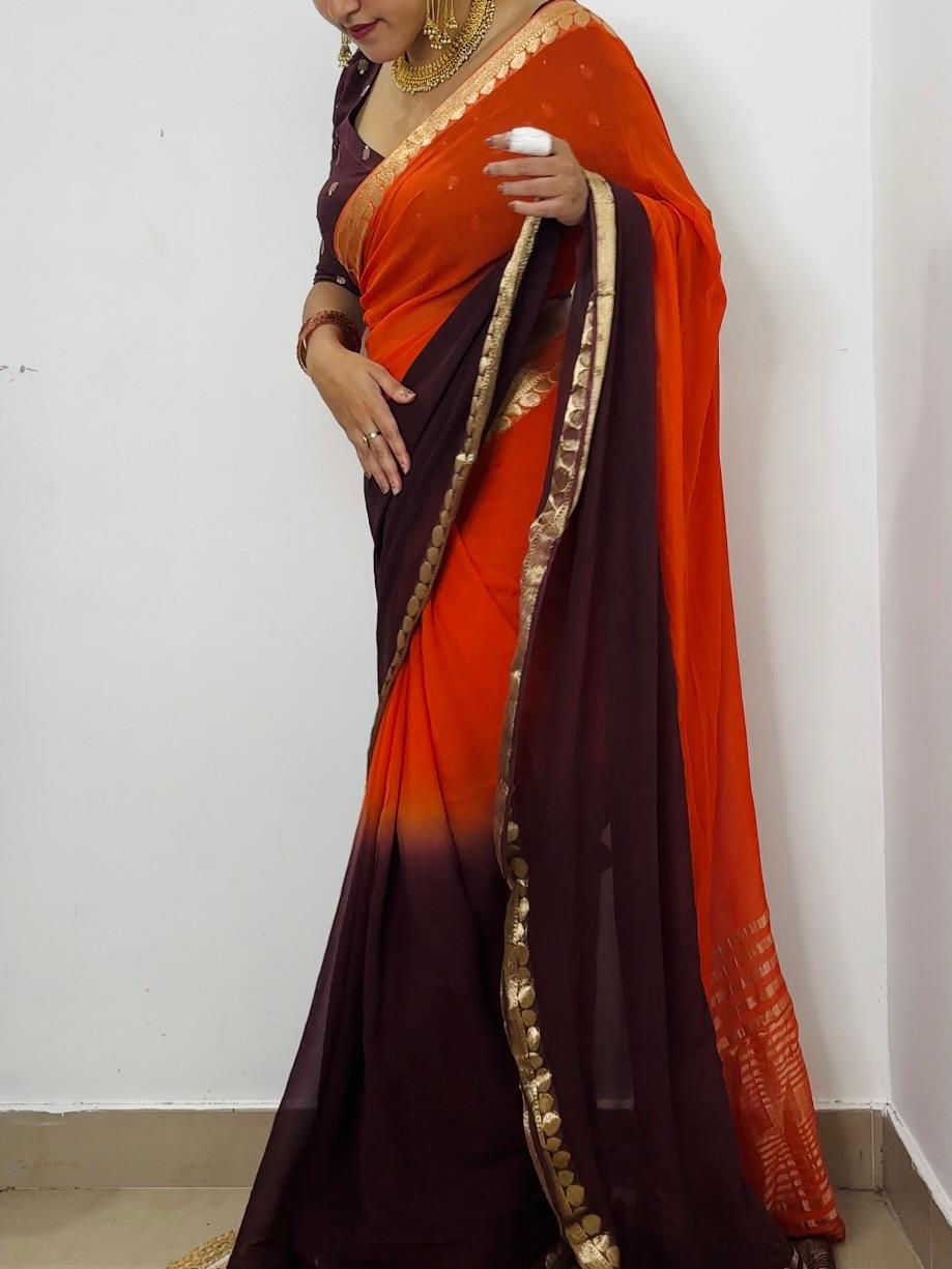 Shaded Viscose Georgette Ready-to-Wear Saree in Orange & Coffee Brown