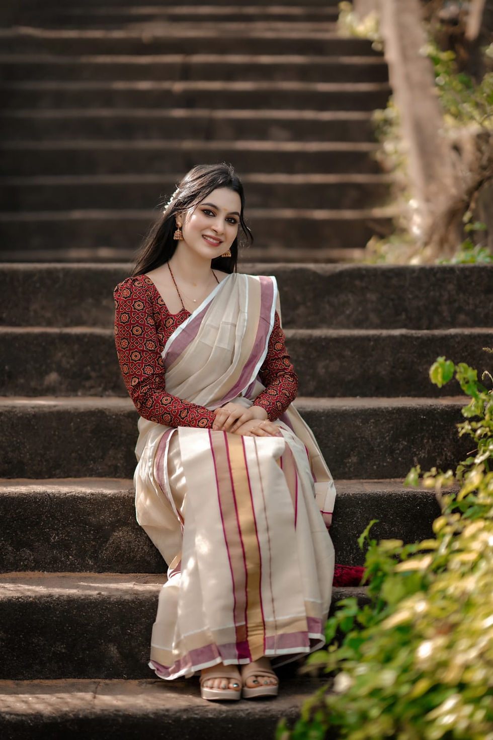 Readymade Set Mundu in Tissue With Maroon Kara and Gold Kasavu Border