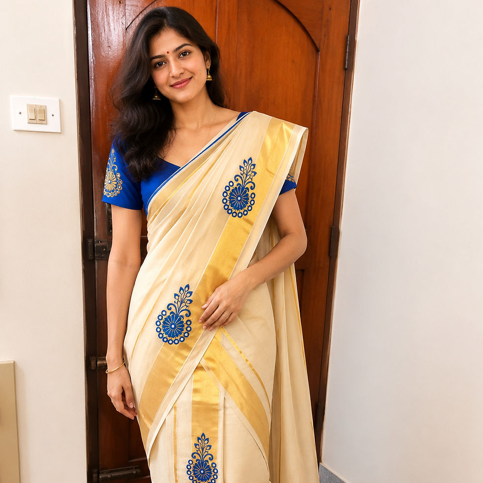 Readymade Set Mundu in Cotton Tissue With Embroidery Motifs and Contrast Blouse