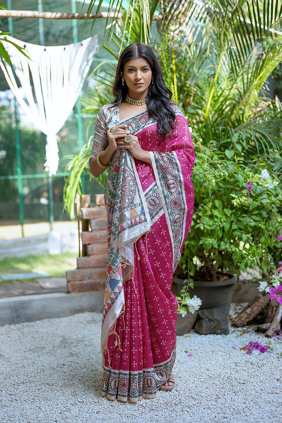 Semi Tussar Silk Pre Stitched Saree With Bandhni and Madhubani Prints