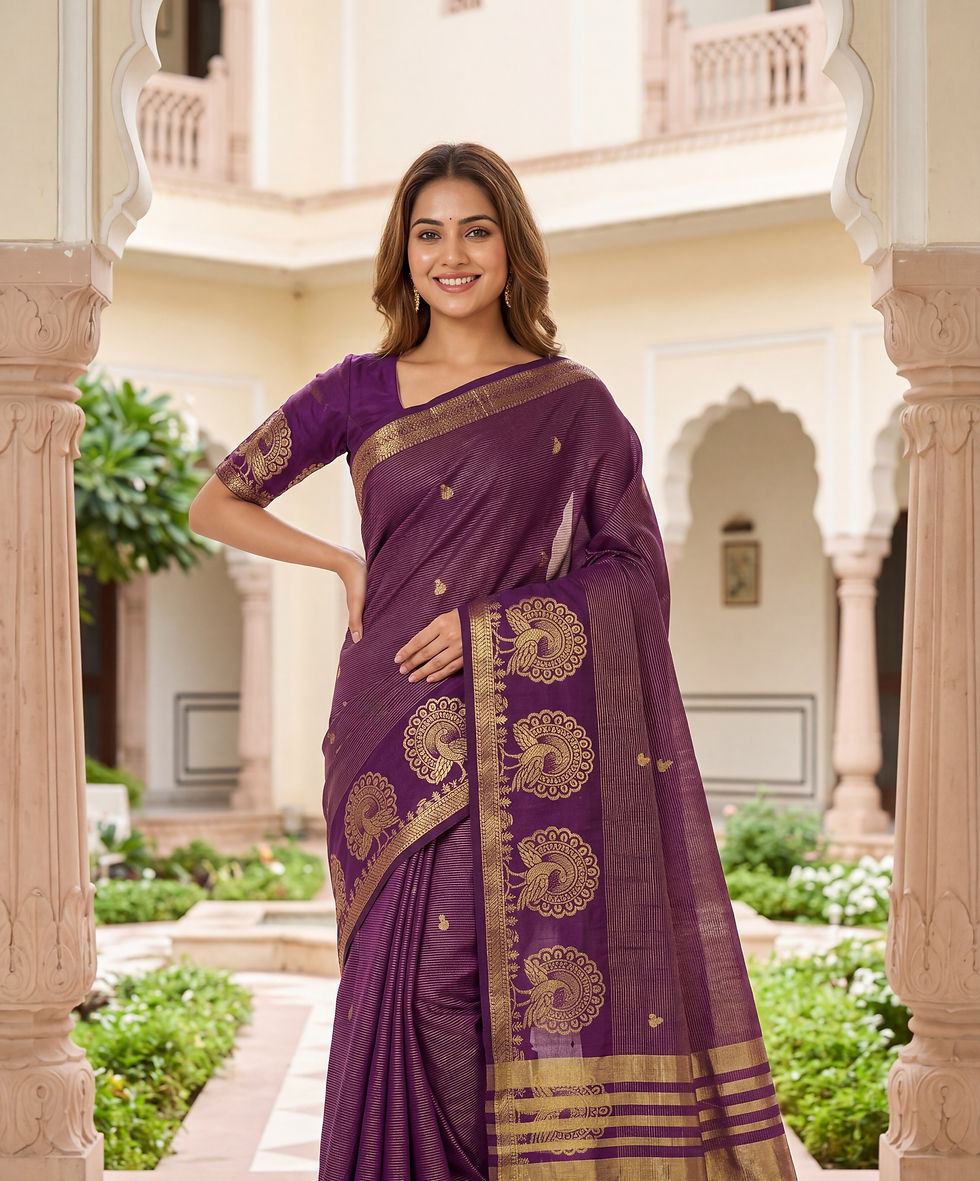 Banarasi Semi Jacquard Silk Ready-to-Wear Saree with Zari Butis & Peacock Border